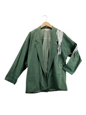 Vtg 90s Southwestern Blazer XL Sage Green Art-Wear Hand Painted Indian Feathers